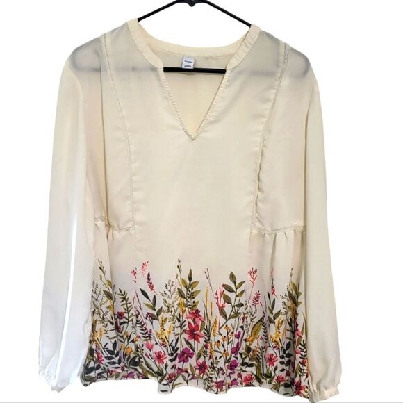 Old Navy Cream Spring Floral Hem Semi-Sheer Peasant Hi Lo Blouse, L - Picture 1 of 9